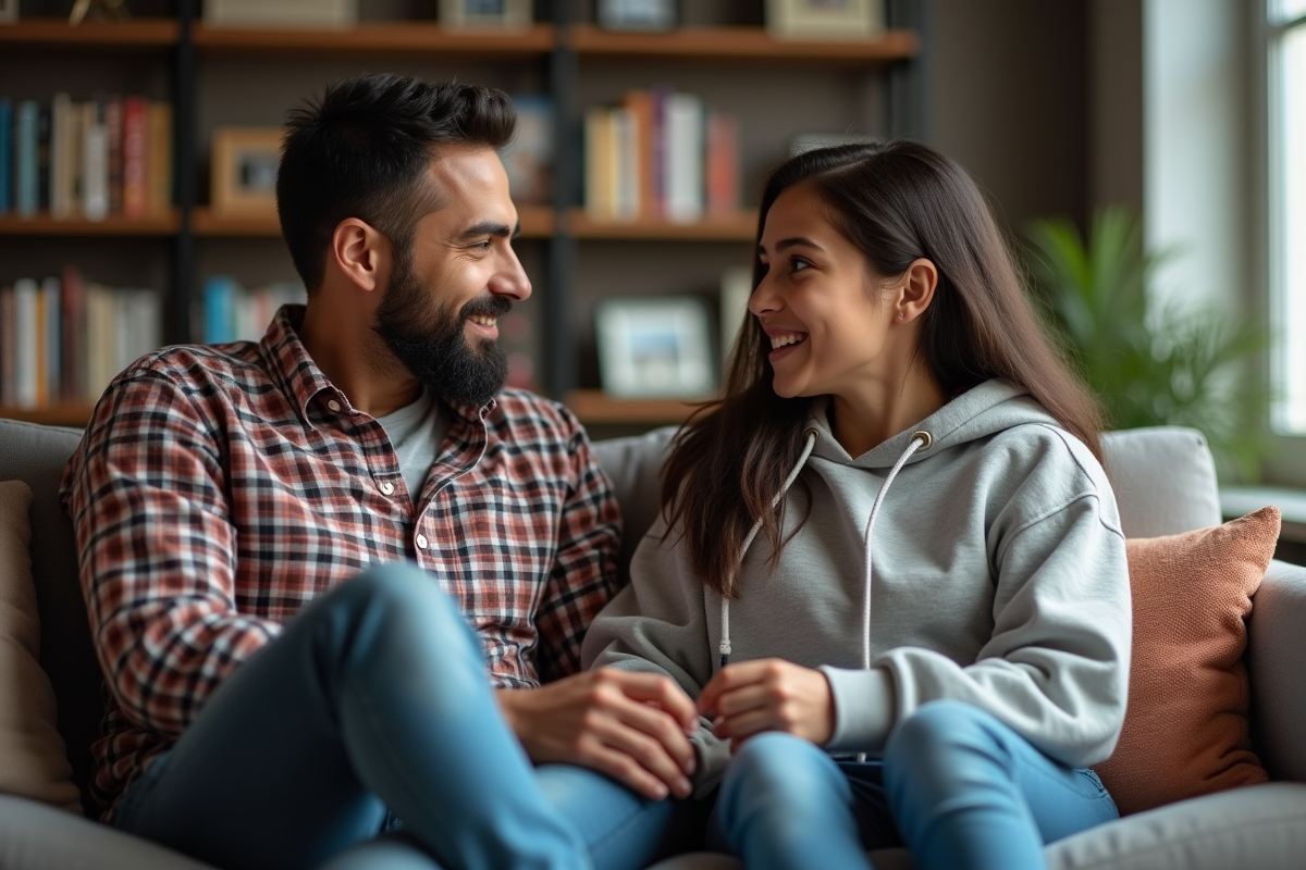 Père et sa fille discutant dans le salon cosy