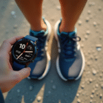 Vue de dessus de pieds en chaussures de sport avec smartwatch affichant 10000 pas
