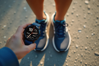 Vue de dessus de pieds en chaussures de sport avec smartwatch affichant 10000 pas