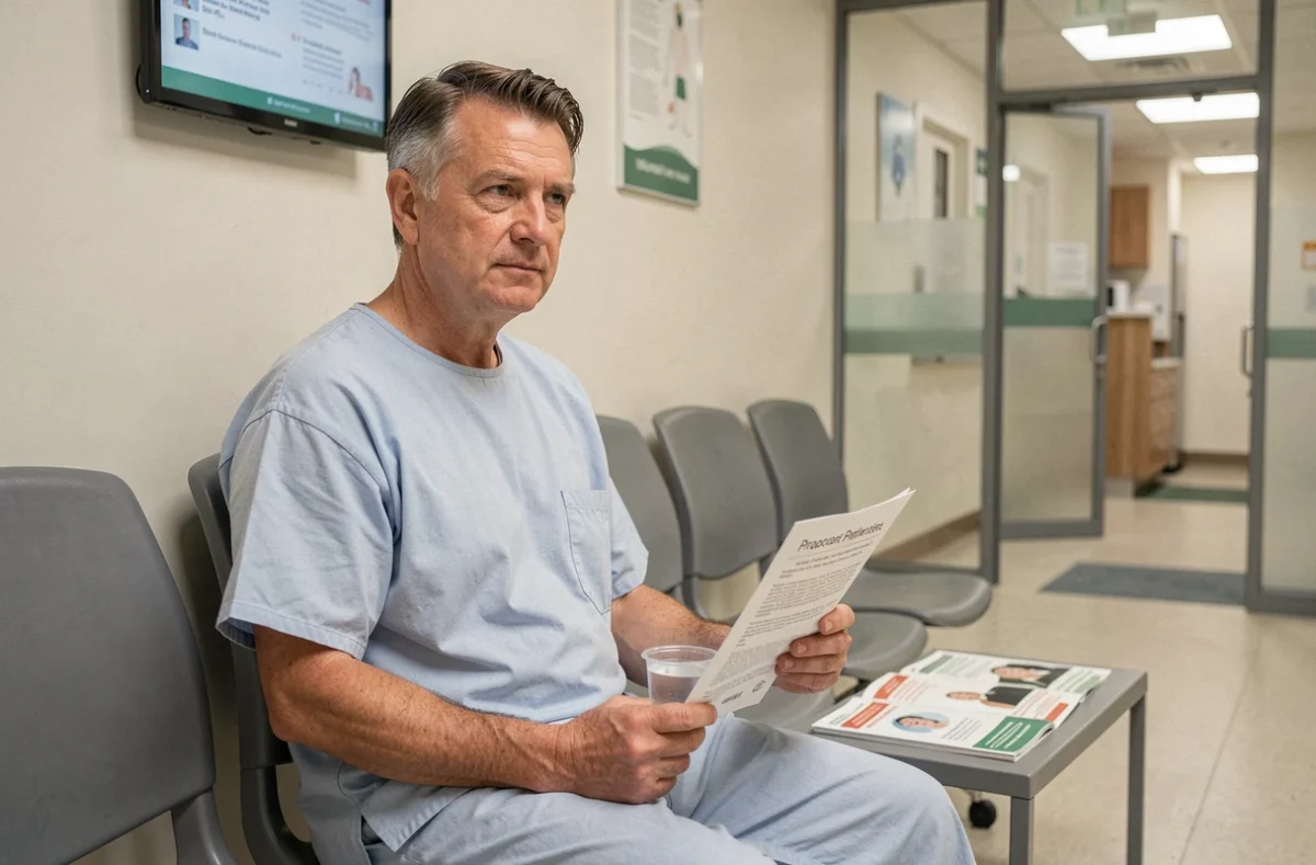 Patient en salle d'attente lisant les instructions de préparation au jeûne avant un scanner abdominal avec injection