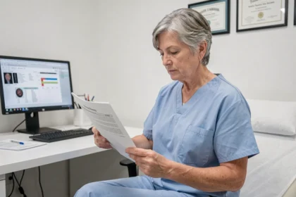Patiente de 55 ans en consultation d'oncologie examinant ses résultats du marqueur CA 19-9 avec son médecin dans un cabinet médical moderne