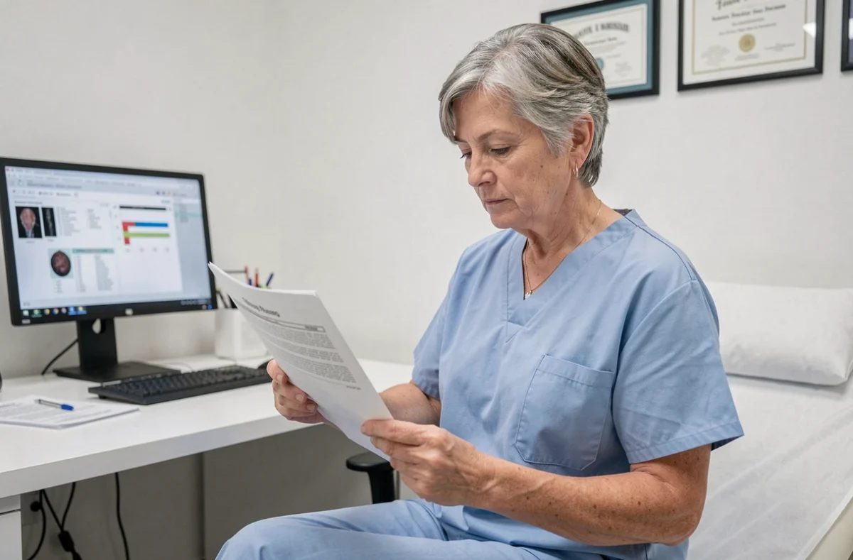 Patiente de 55 ans en consultation d'oncologie examinant ses résultats du marqueur CA 19-9 avec son médecin dans un cabinet médical moderne