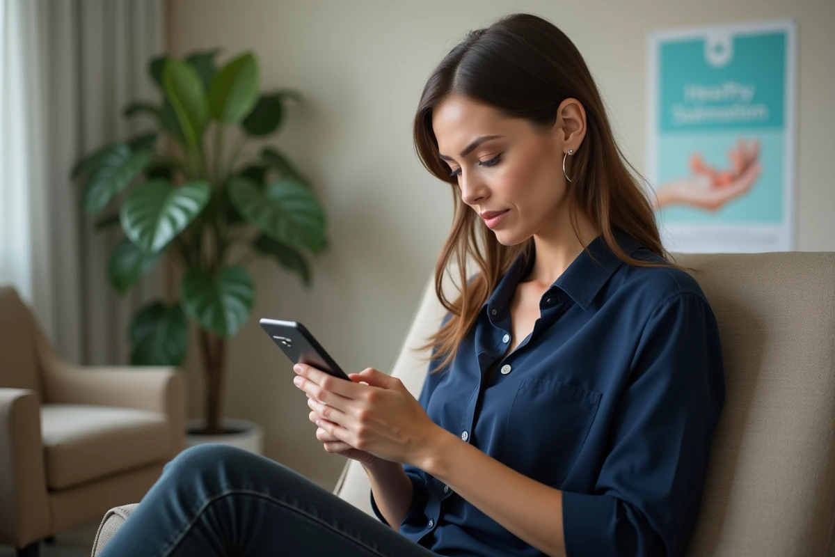Femme consultant un forum santé sur son téléphone dans une salle d'attente médicale