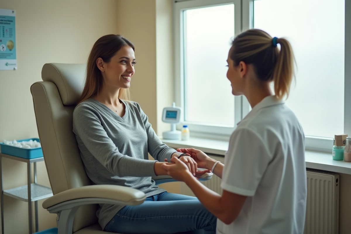 Patiente lors d'une prise de sang en clinique pour contrôler un taux de TCMH élevé