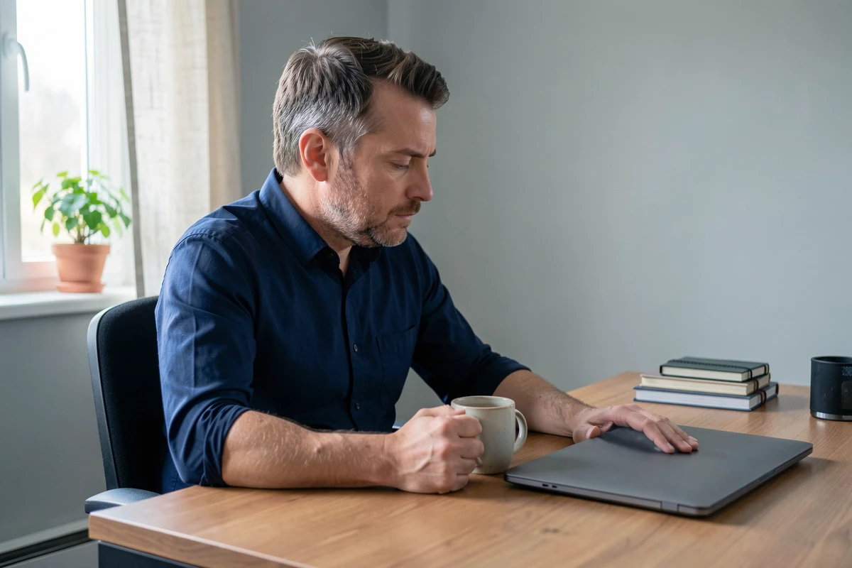 Homme en pause réflexive à son bureau de travail à domicile, tenant une tasse de thé, intégrant un moment de pleine conscience dans une journée chargée