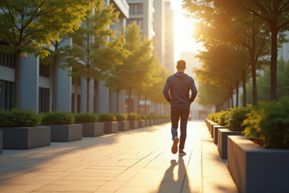 Personne marchant rapidement dans une ville ensoleillee