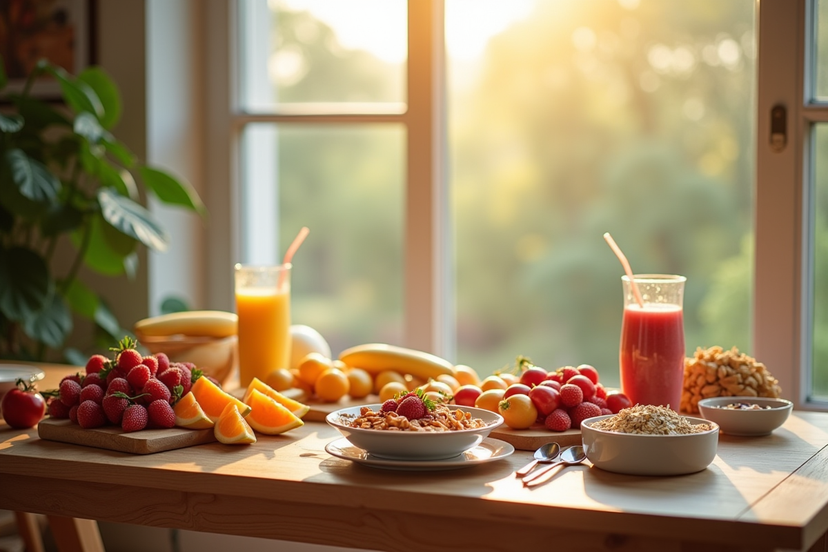 Petit déjeuner sain avec fruits et smoothies près d