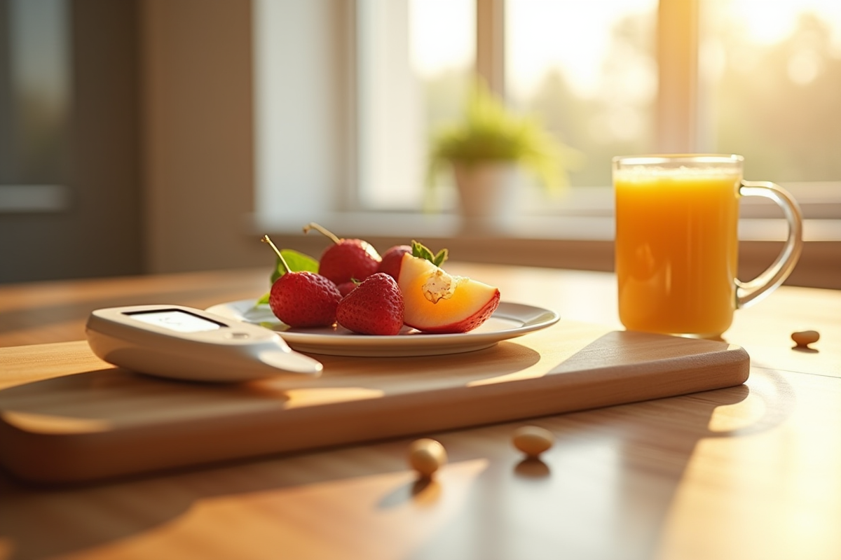 Petit dejeuner sain avec glucosemetre et fruits