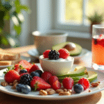 Table de petit déjeuner avec fruits et yaourt sans sucres