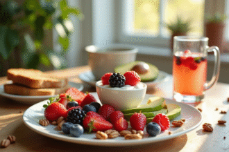 Table de petit déjeuner avec fruits et yaourt sans sucres