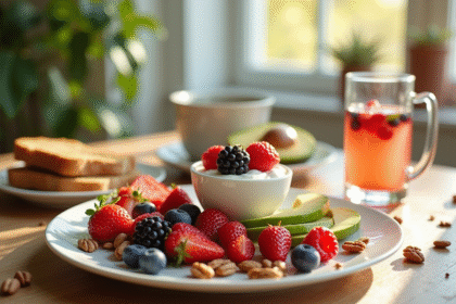 Table de petit déjeuner avec fruits et yaourt sans sucres