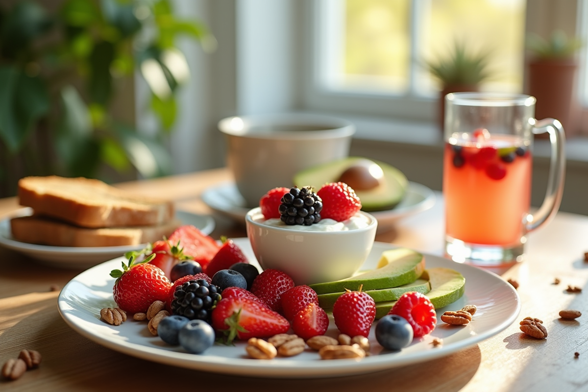 Table de petit déjeuner avec fruits et yaourt sans sucres