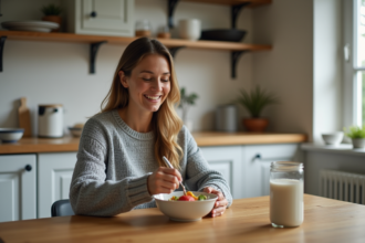 Femme mangeant un bol de petit déjeuner sain dans une cuisine lumineuse