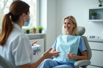 Femme anxieuse rassurée par sa dentiste dans un cabinet dentaire moderne, illustrant la gestion des peurs liées aux soins dentaires