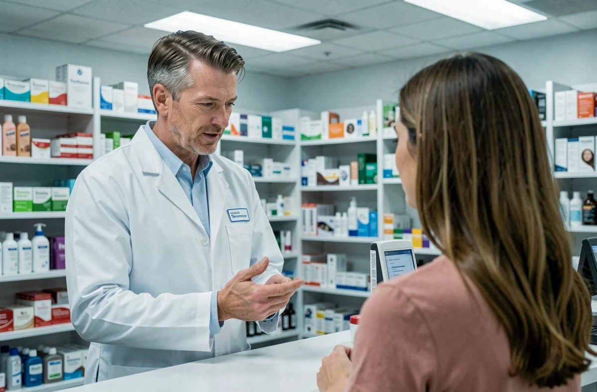 Pharmacien conseillant une cliente sur le traitement d'un bouton douloureux sur le cuir chevelu