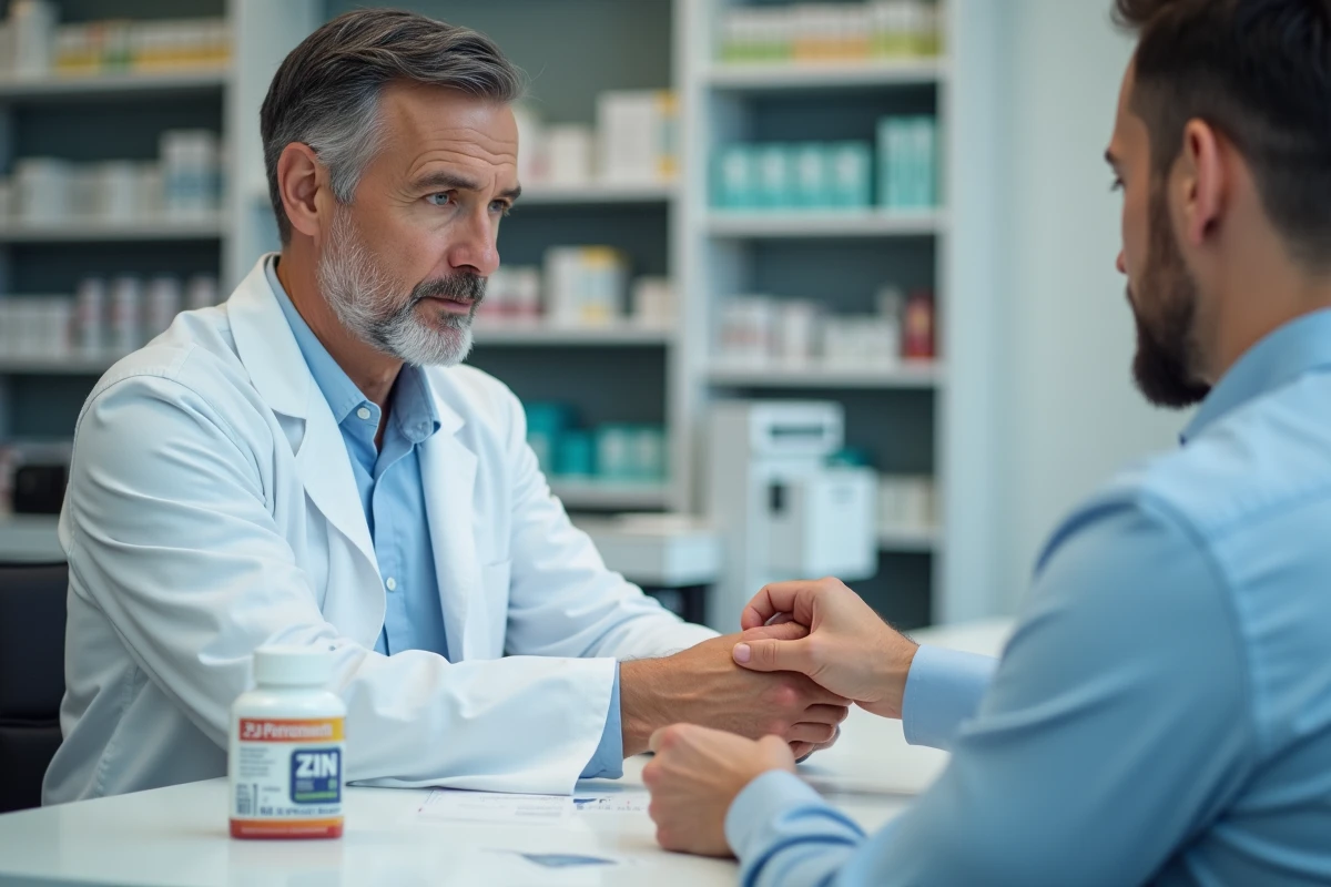 Pharmacien examinant les ongles d'un patient pour détecter une carence en zinc dans une pharmacie moderne avec des compléments alimentaires sur le comptoir