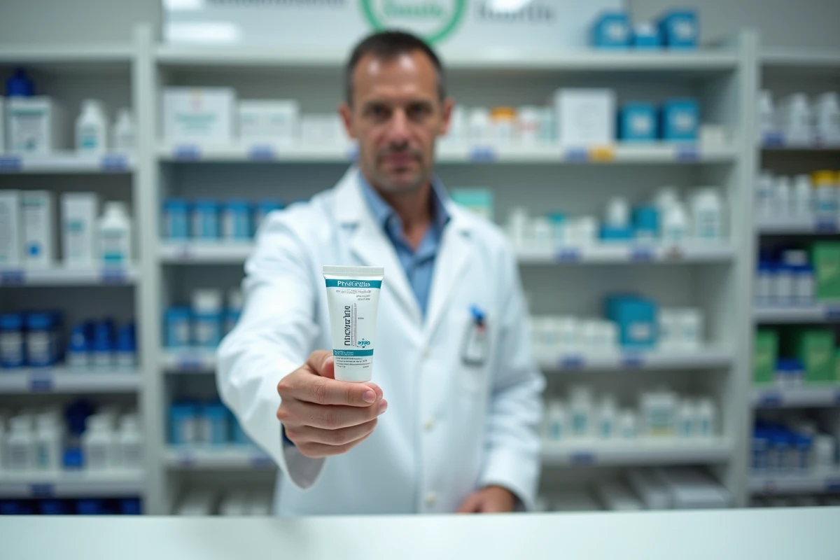 Pharmacien présentant un tube de phytargile concentré au comptoir d'une pharmacie pour les sportifs