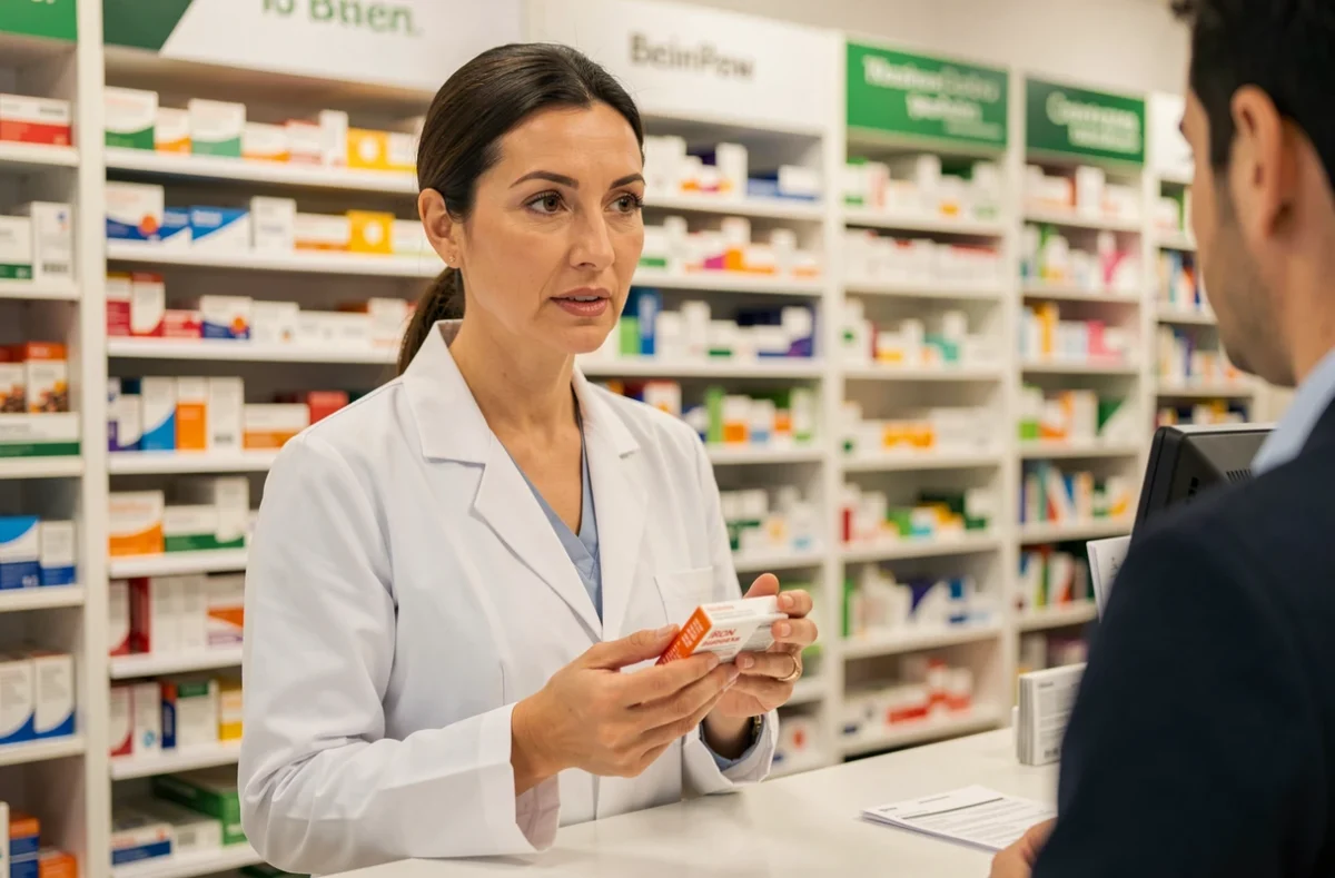Pharmacienne expliquant un complément en fer à une patiente souffrant de carence en ferritine dans une pharmacie