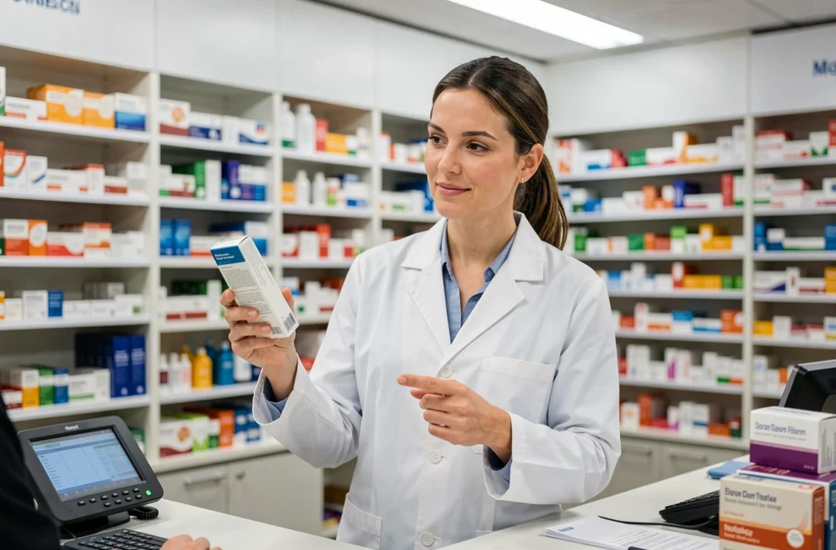 Pharmacienne expliquant un traitement médicamenteux alternatif aux antidouleurs à un patient dans une officine