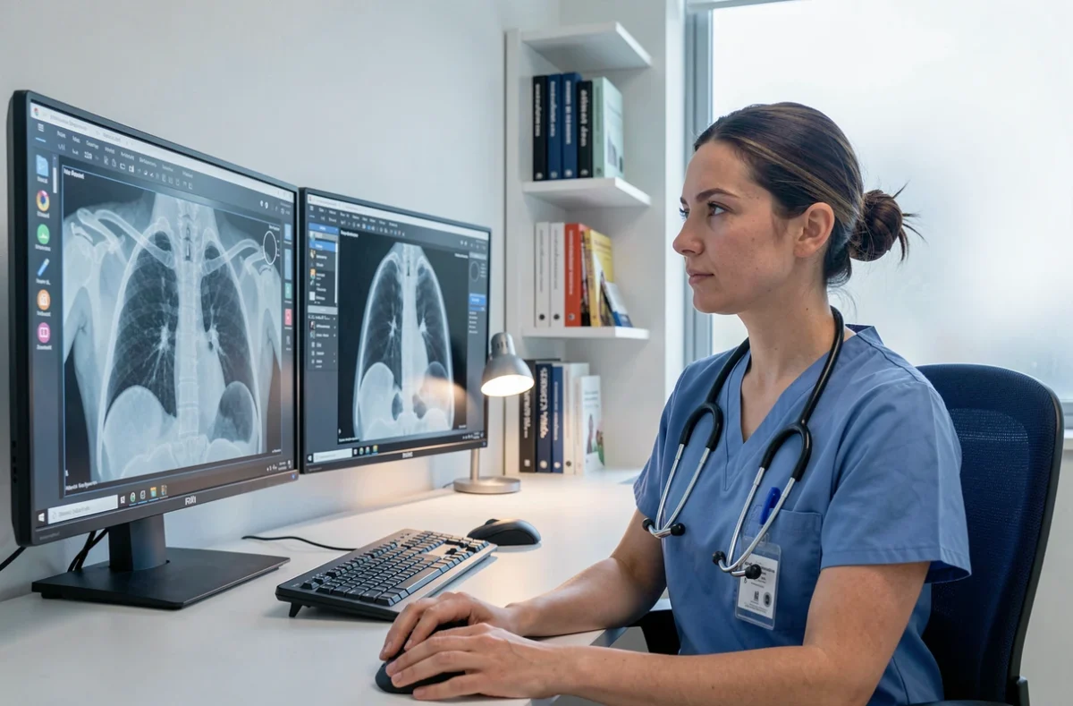 Pneumologue analysant un scanner thoracique pour identifier une atélectasie basale ou un épanchement pleural sur poste de travail médical