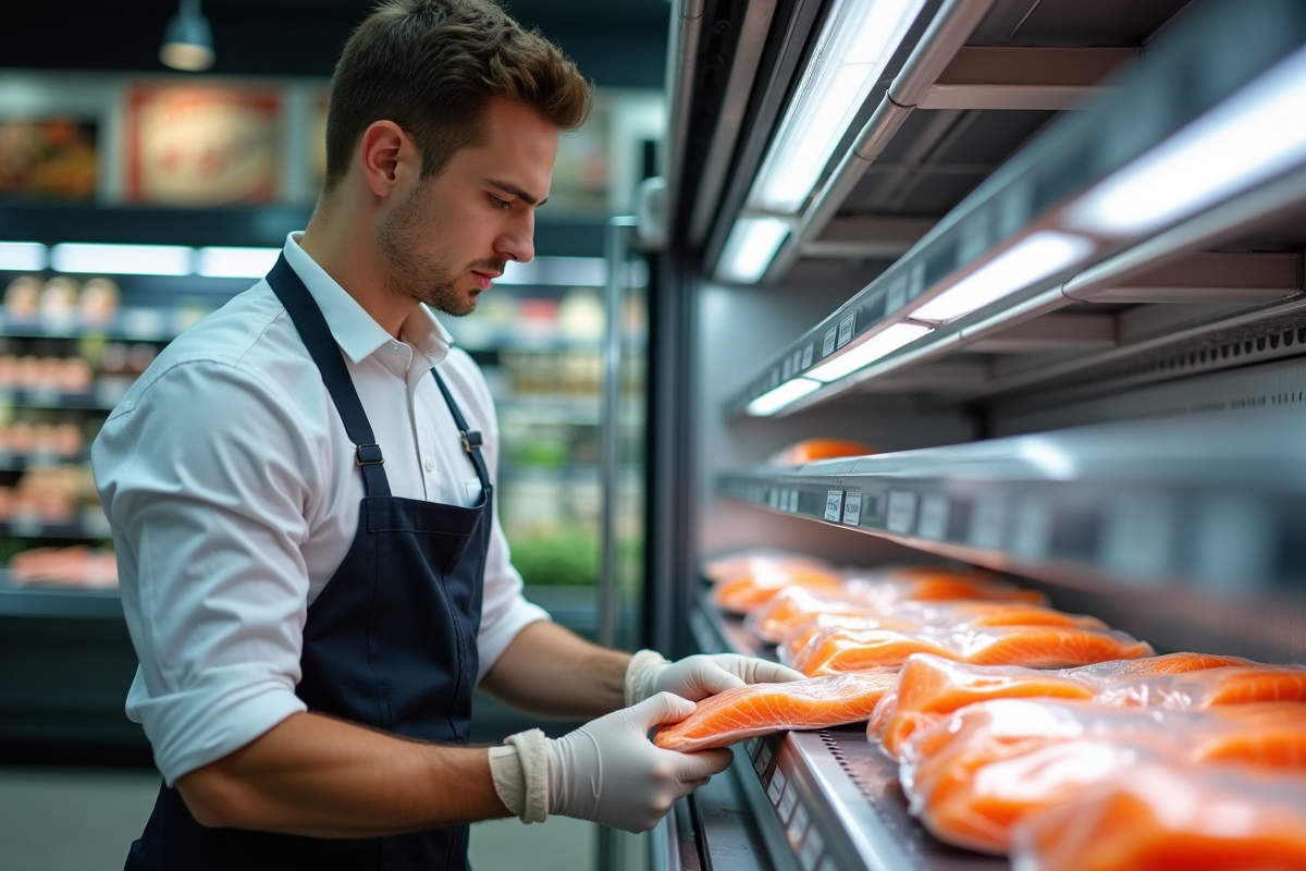 Employé en supermarche plaçant du saumon sur rayon