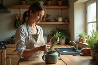 Femme préparant une infusion de thym frais dans une théière en céramique sur un plan de travail en bois rustique