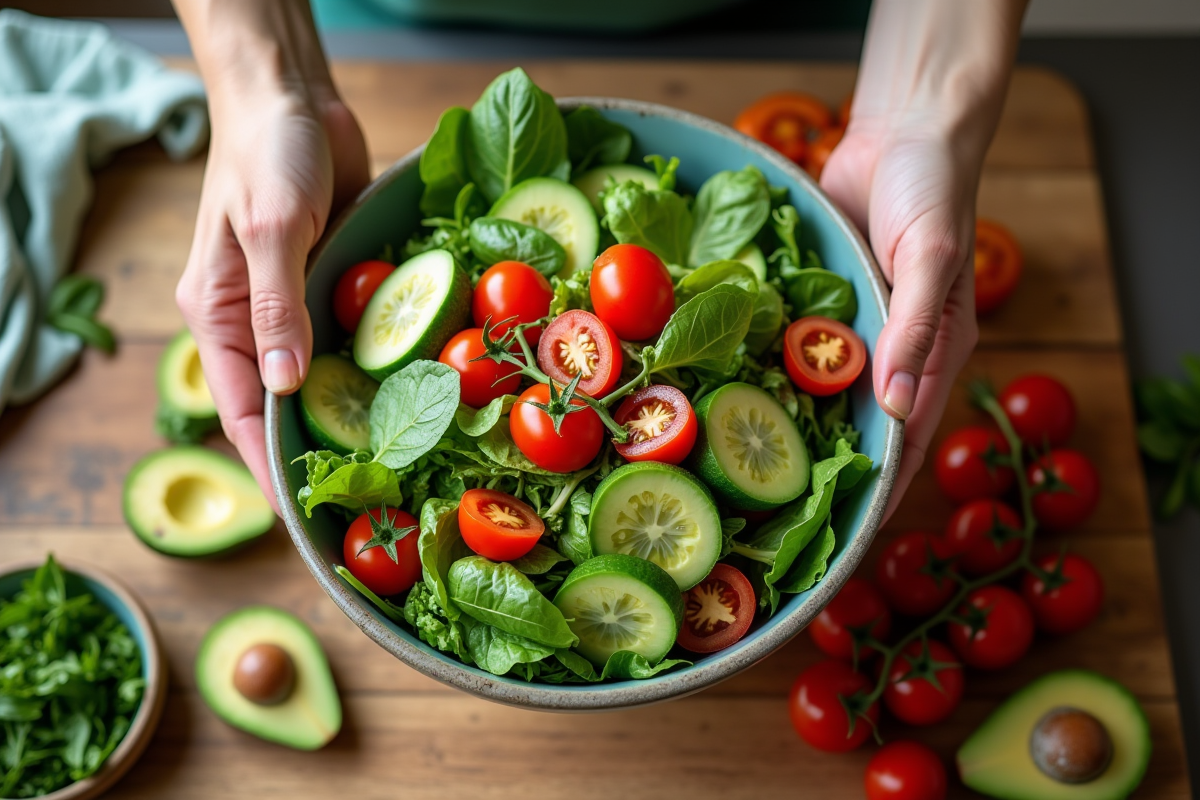 Nutritionniste préparant une salade colorée et saine