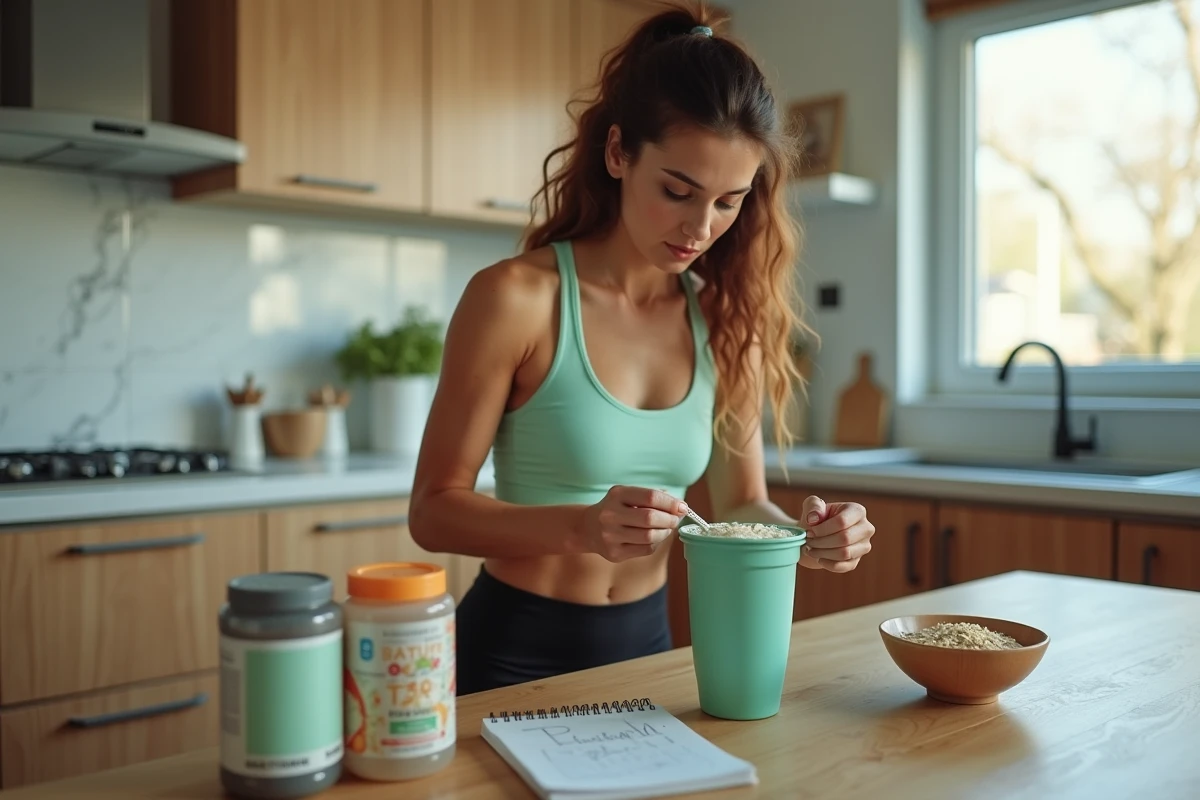 Femme sportive préparant une boisson protéinée avec des compléments alimentaires musculation dans une cuisine moderne