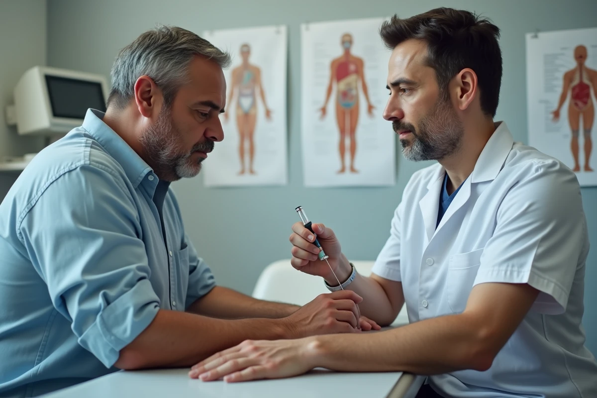 Homme corpulent lors d'une prise de sang chez le médecin illustrant le volume et le renouvellement du sang dans un corps de 100 kg