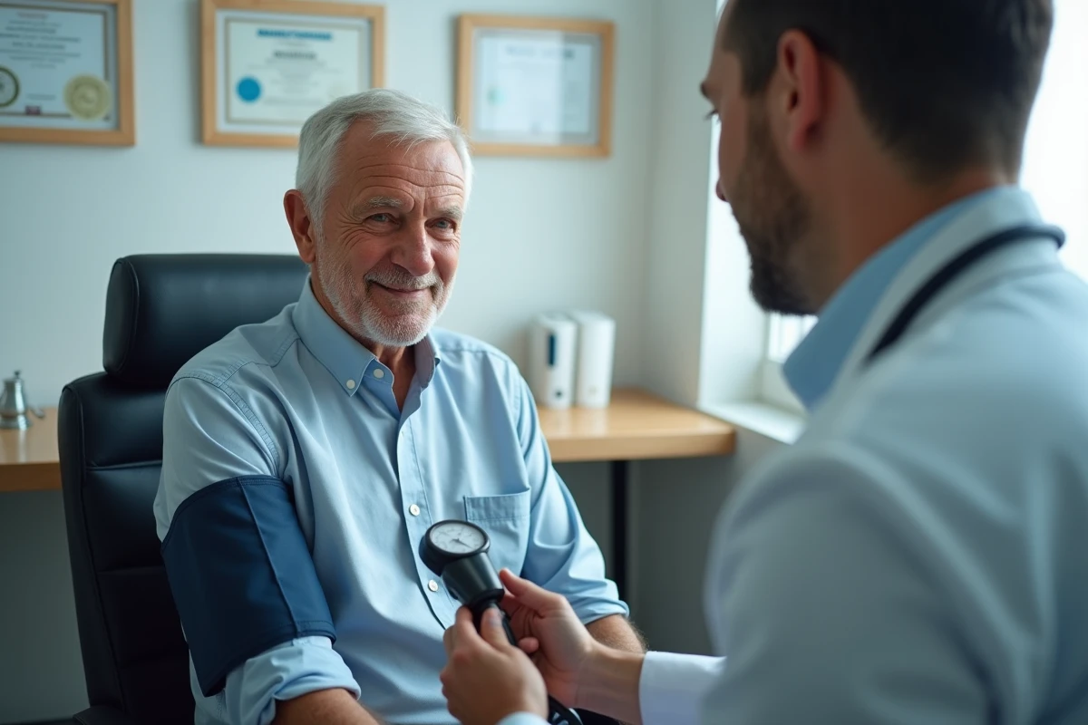 Médecin mesurant la tension d’un patient âgé en consultation