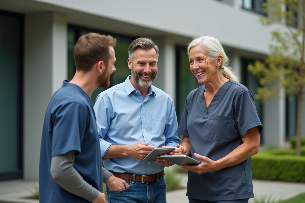 Professionnels de santé discutant devant une clinique moderne