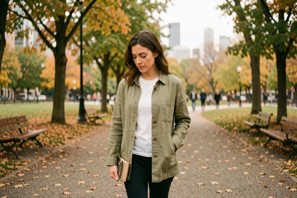 Jeune femme se promenant serenement dans un parc urbain en automne, tenant un livre, prenant un moment de recul et de paix dans une vie quotidienne bien remplie