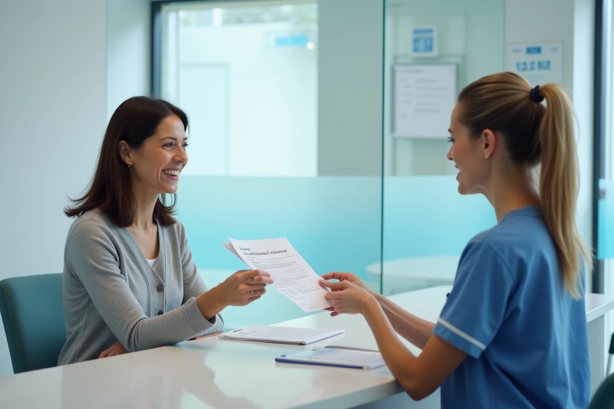 Patiente déposant un formulaire à l'accueil d'un centre de radiologie sans ordonnance