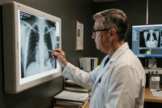 Radiologue examinant une radiographie pulmonaire pour différencier un cul de sac pleural d'une atélectasie basale