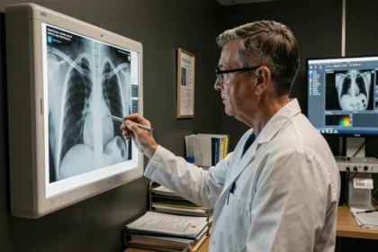 Radiologue examinant une radiographie pulmonaire pour différencier un cul de sac pleural d'une atélectasie basale