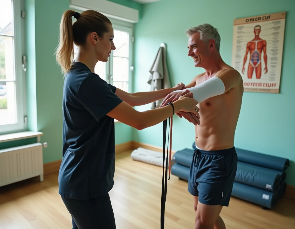 Séance de rééducation kinésithérapeutique pour une déchirure du tendon supra épineux de l'épaule avec exercices de résistance