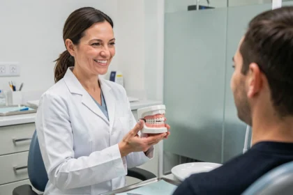 Dentiste expliquant un plan de traitement à une patiente dans un cabinet dentaire moderne, illustrant les remboursements dentaires Allianz santé
