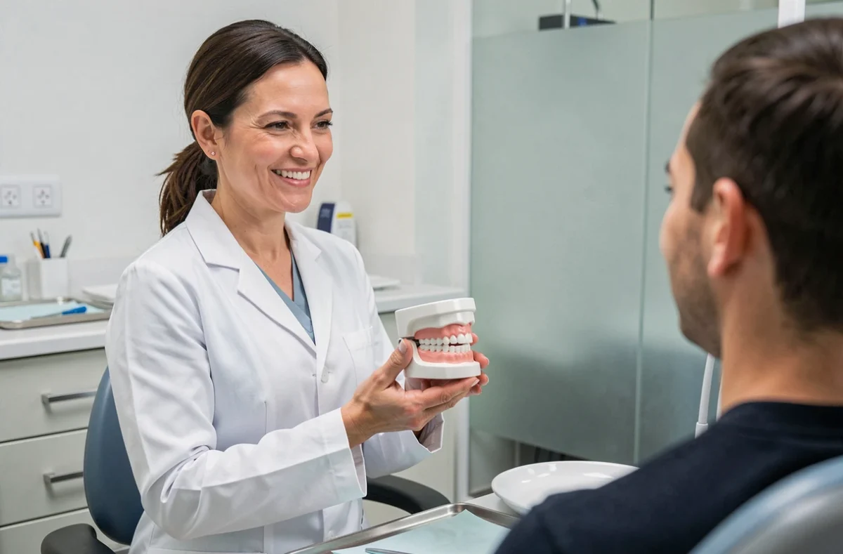 Dentiste expliquant un plan de traitement à une patiente dans un cabinet dentaire moderne, illustrant les remboursements dentaires Allianz santé