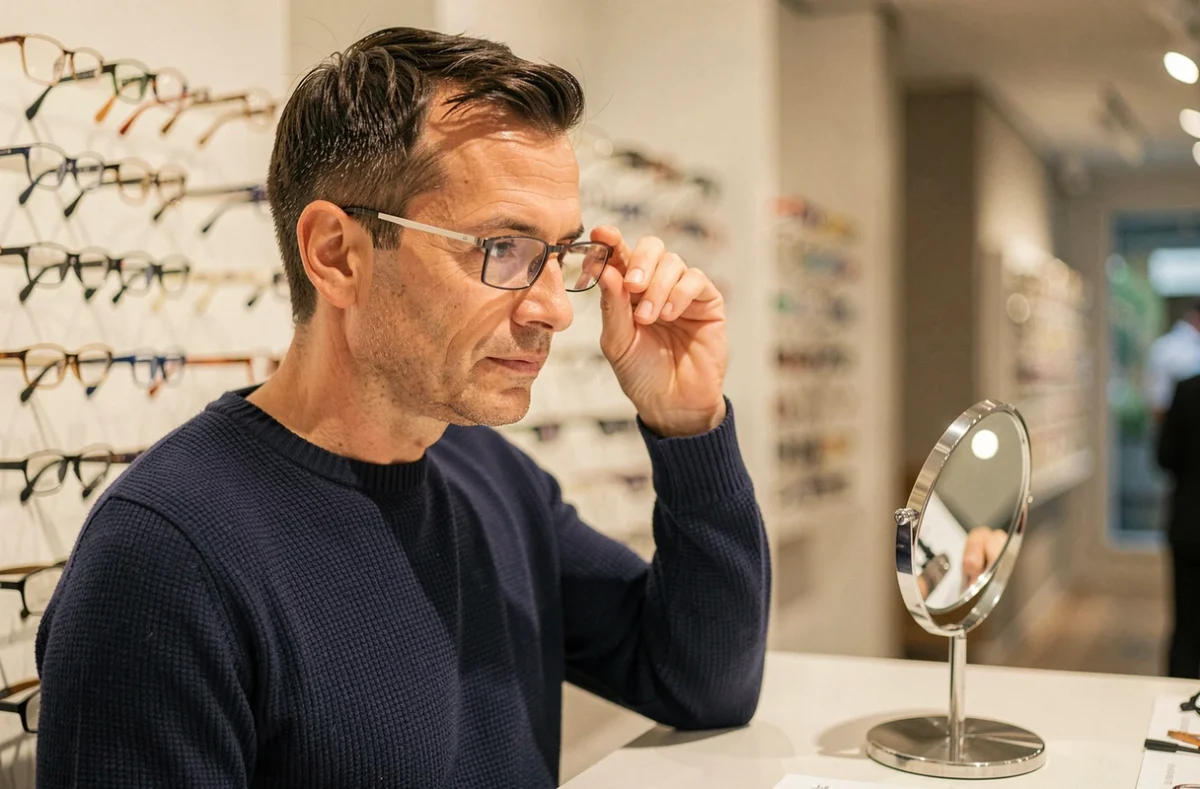 Homme essayant des lunettes correctrices dans un magasin d'optique moderne, en lien avec les remboursements optique de la mutuelle Allianz santé