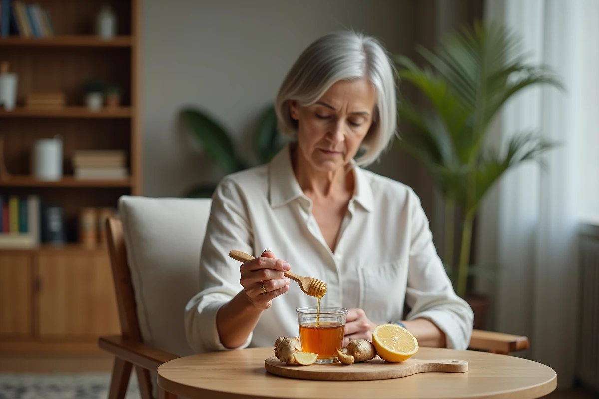 Femme préparant un remède naturel contre la toux avec miel gingembre et citron posés sur une table en bois