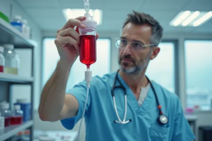 Professionnel de santé examinant une poche de sang en laboratoire médical pour illustrer le renouvellement sanguin dans l'organisme