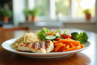 Assiette colorée d un repas équilibré de 1200 calories avec poulet quinoa légumes