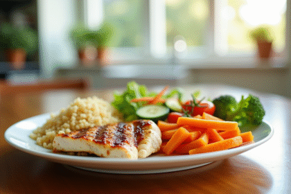 Assiette colorée d un repas équilibré de 1200 calories avec poulet quinoa légumes