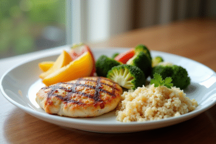 Repas équilibré avec poulet quinoa et légumes frais