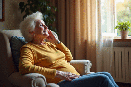 Femme retraitée en salon calme et lumineux