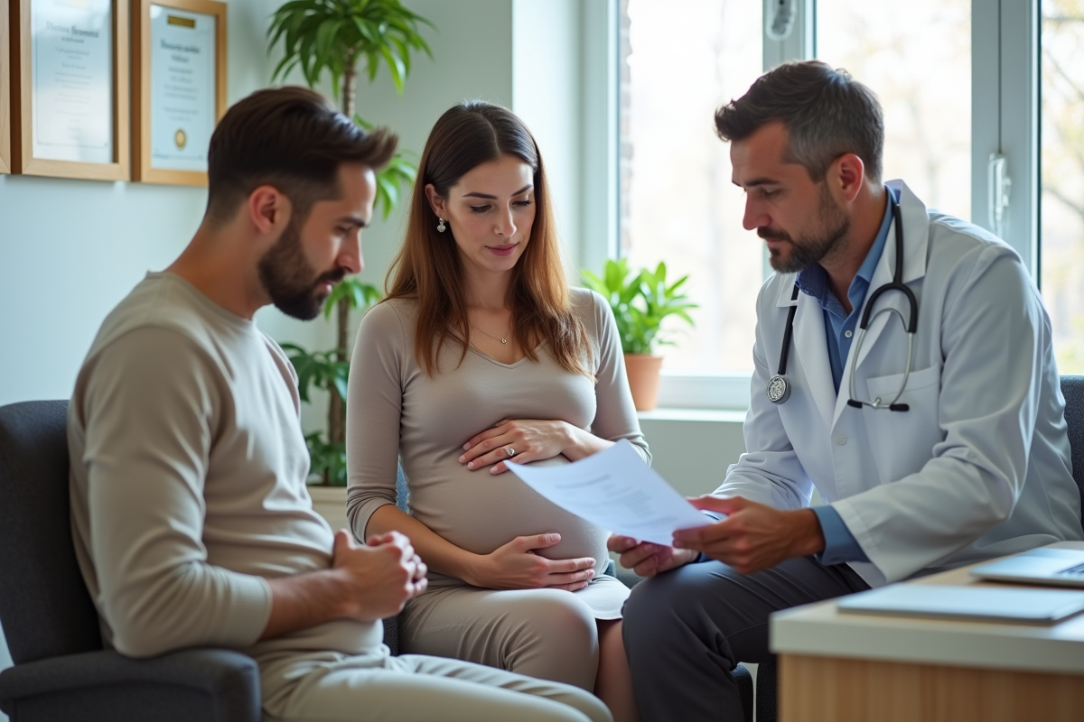 Sage-femme examinant les résultats prénatals avec un couple