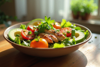 Salade colorée avec poulet et avocat frais pour un article sur la sante