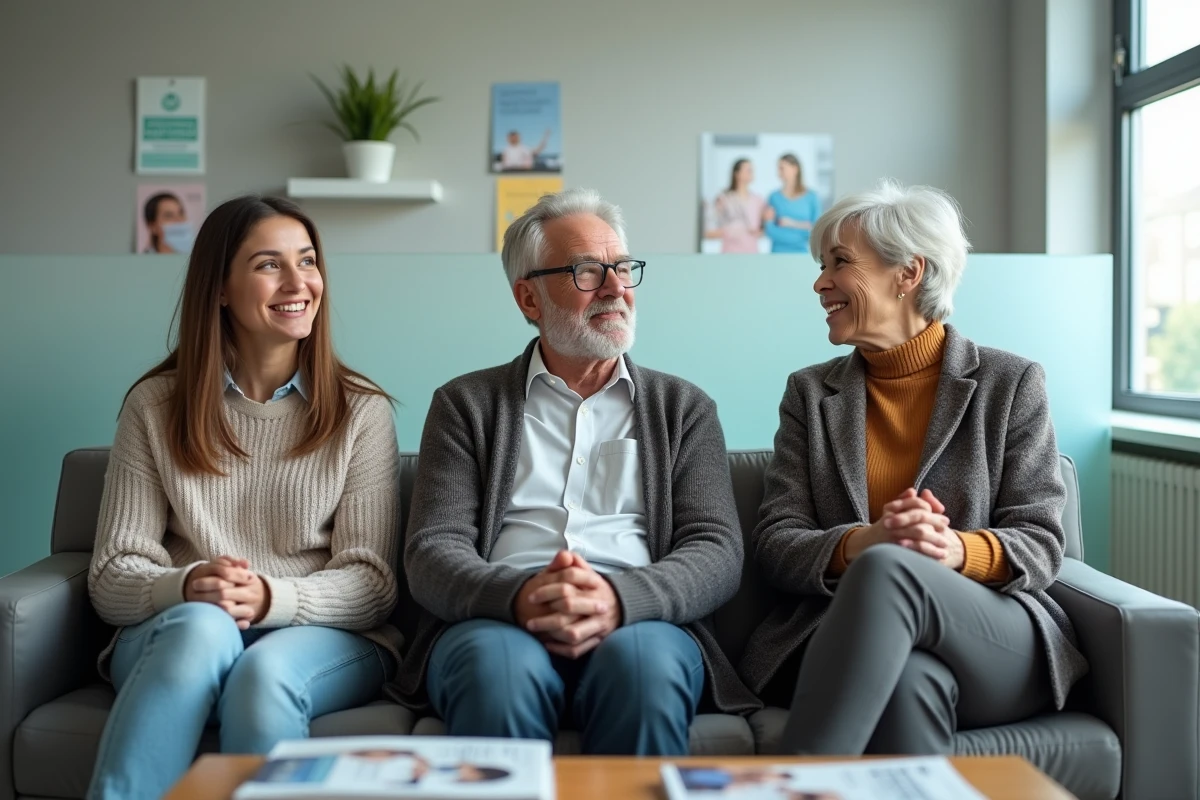 Groupe de patients dans une salle d'attente dentaire exprimant diverses émotions, illustrant les craintes et questions fréquentes avant une consultation dentaire