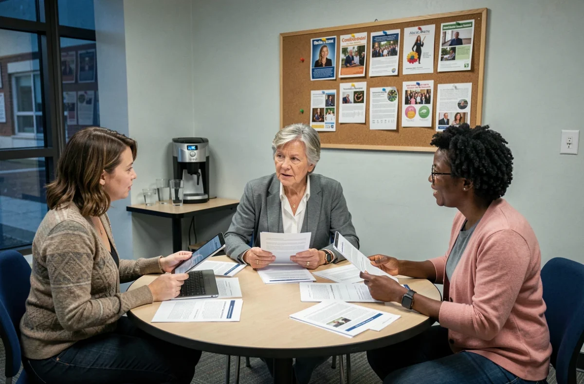 Groupe de trois adultes en discussion autour d'une table dans une salle communautaire, tenant des documents sur Santologie.fr et des textes religieux, symbolisant le débat entre nouvelles spiritualités et religions traditionnelles