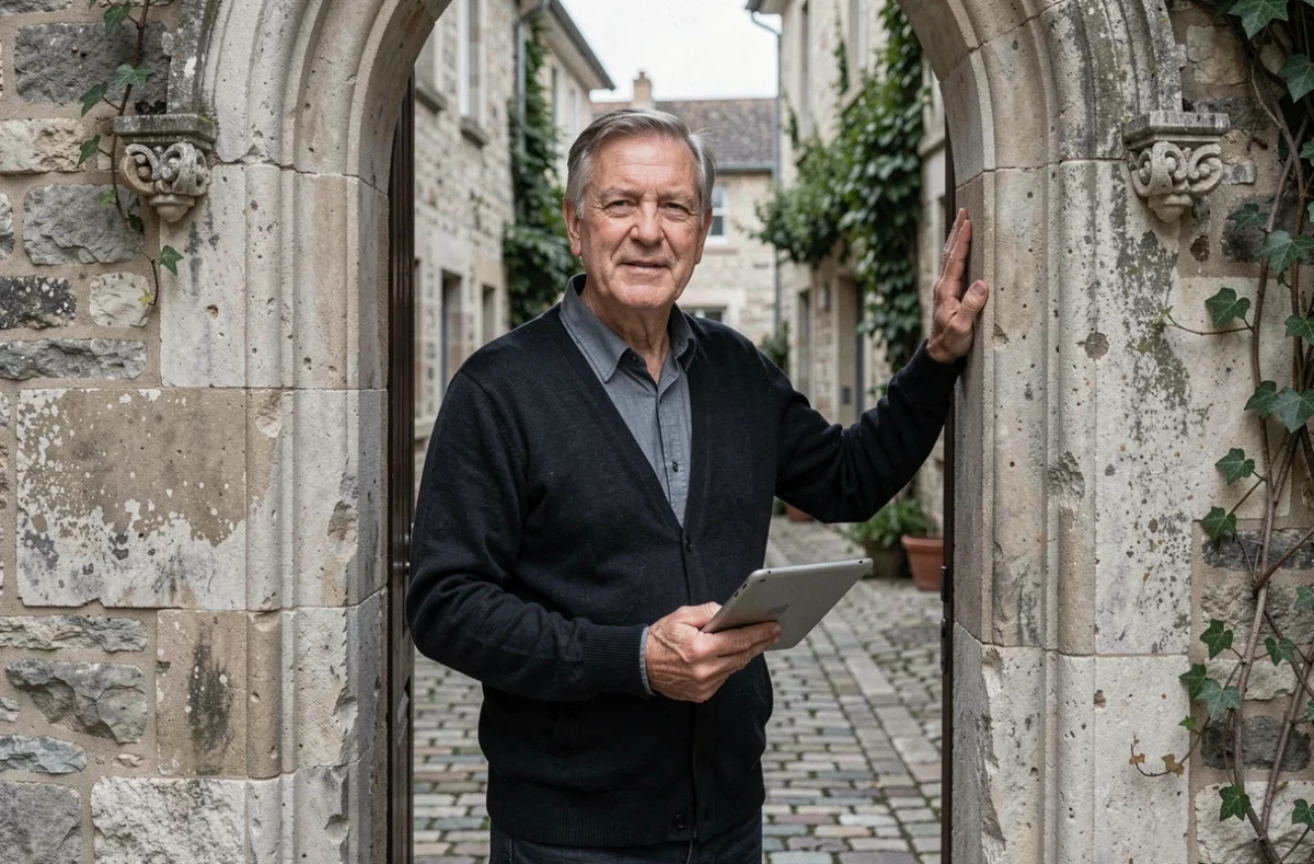 Homme d'une soixantaine d'années debout dans l'embrasure d'une vieille église en pierre française, tenant une tablette numérique, incarnant la confrontation symbolique entre Santologie.fr et l'héritage des religions traditionnelles